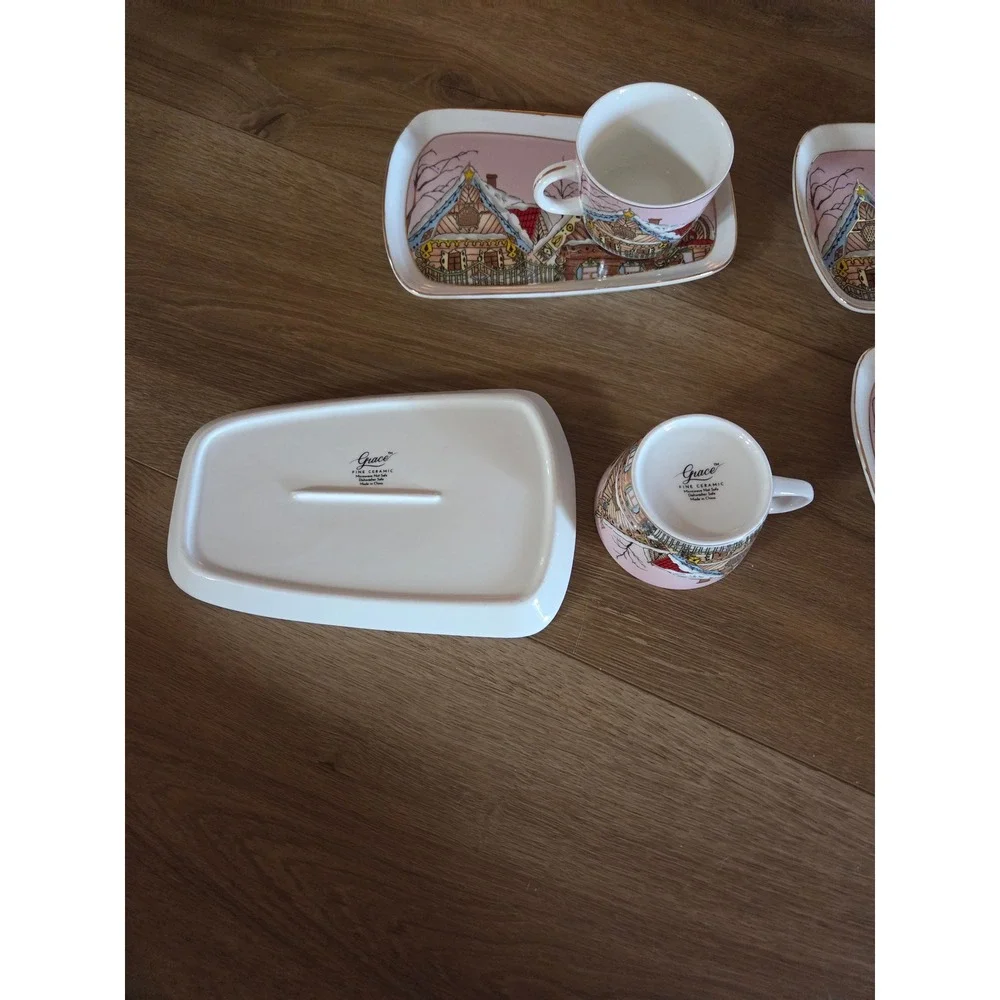Grace Fine Ceramic Gingerbread House Tea Set‎ 4 Cups 4 Rectangular Plates Pink